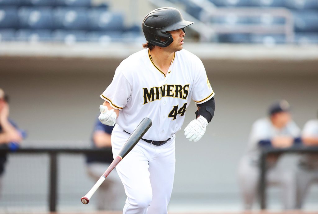 Sean Roby Jr. hits a home run in the Miners' 6-0 win over the Capitales on June 13, 2025 (photo by Phil Hoops)