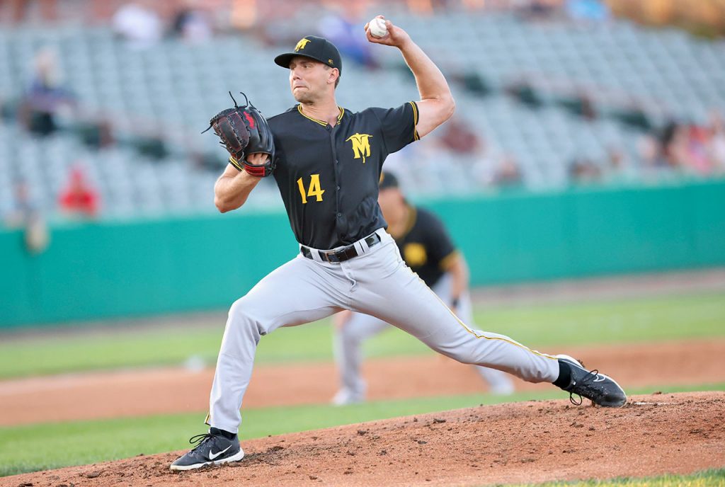 Sussex County Miners pitcher Rob Hensey deals in Game 1 of the Frontier League Wild Card Round against the Tri-City ValleyCats at Joseph L. Bruno Stadium.
