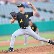 Sussex County Miners pitcher Rob Hensey deals in Game 1 of the Frontier League Wild Card Round against the Tri-City ValleyCats at Joseph L. Bruno Stadium.