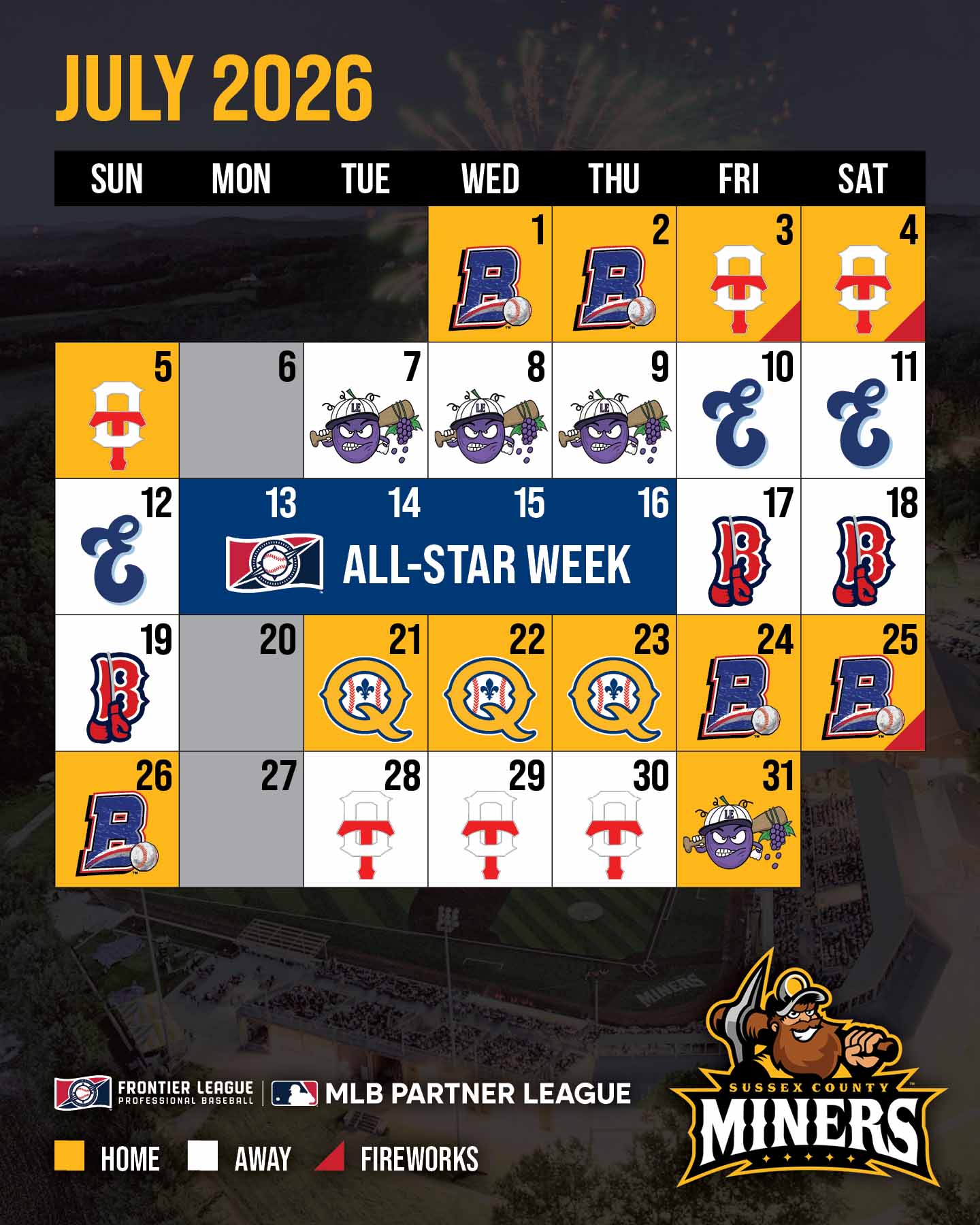 Sussex County Miners July 2026 schedule