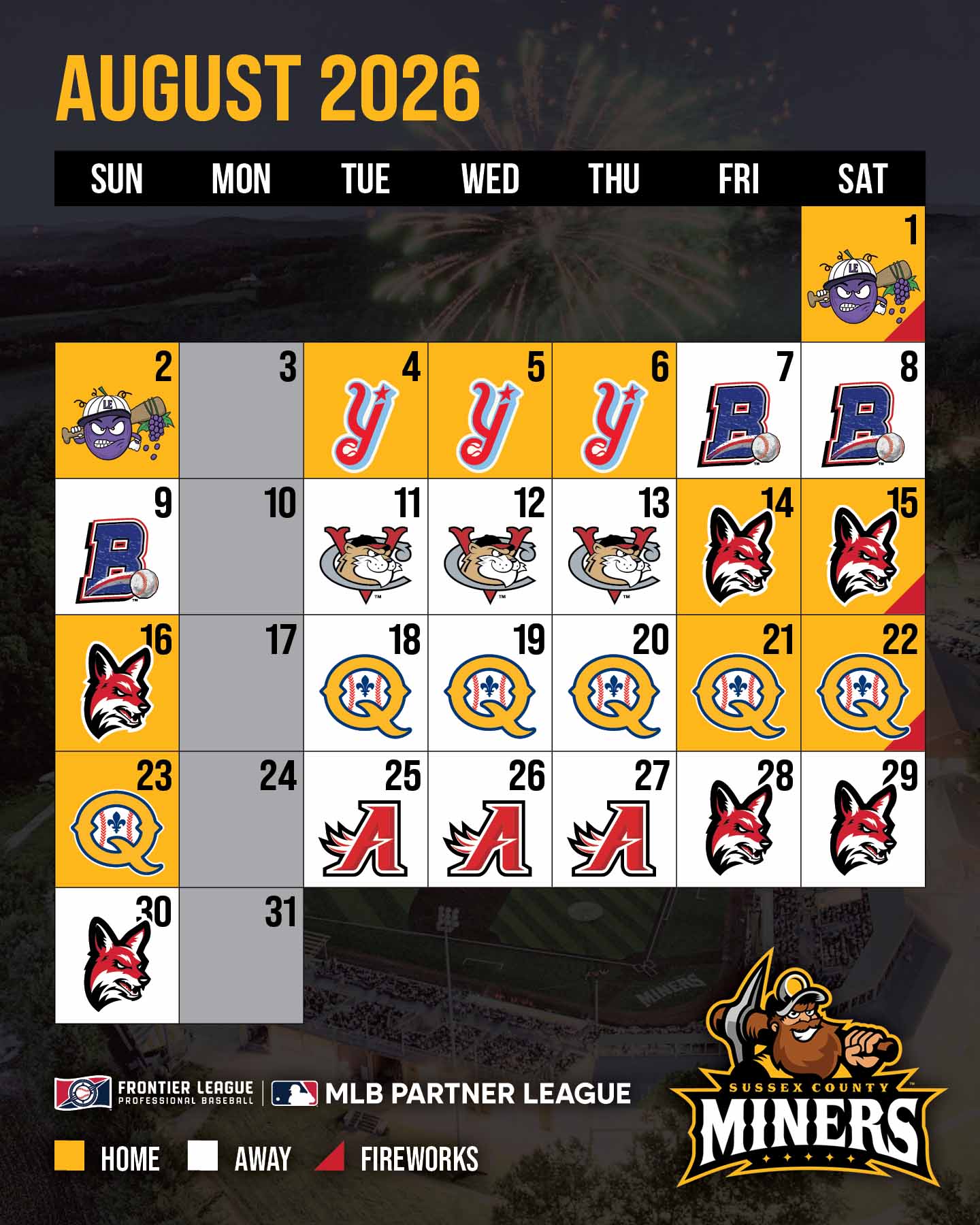 Sussex County Miners August 2026 schedule