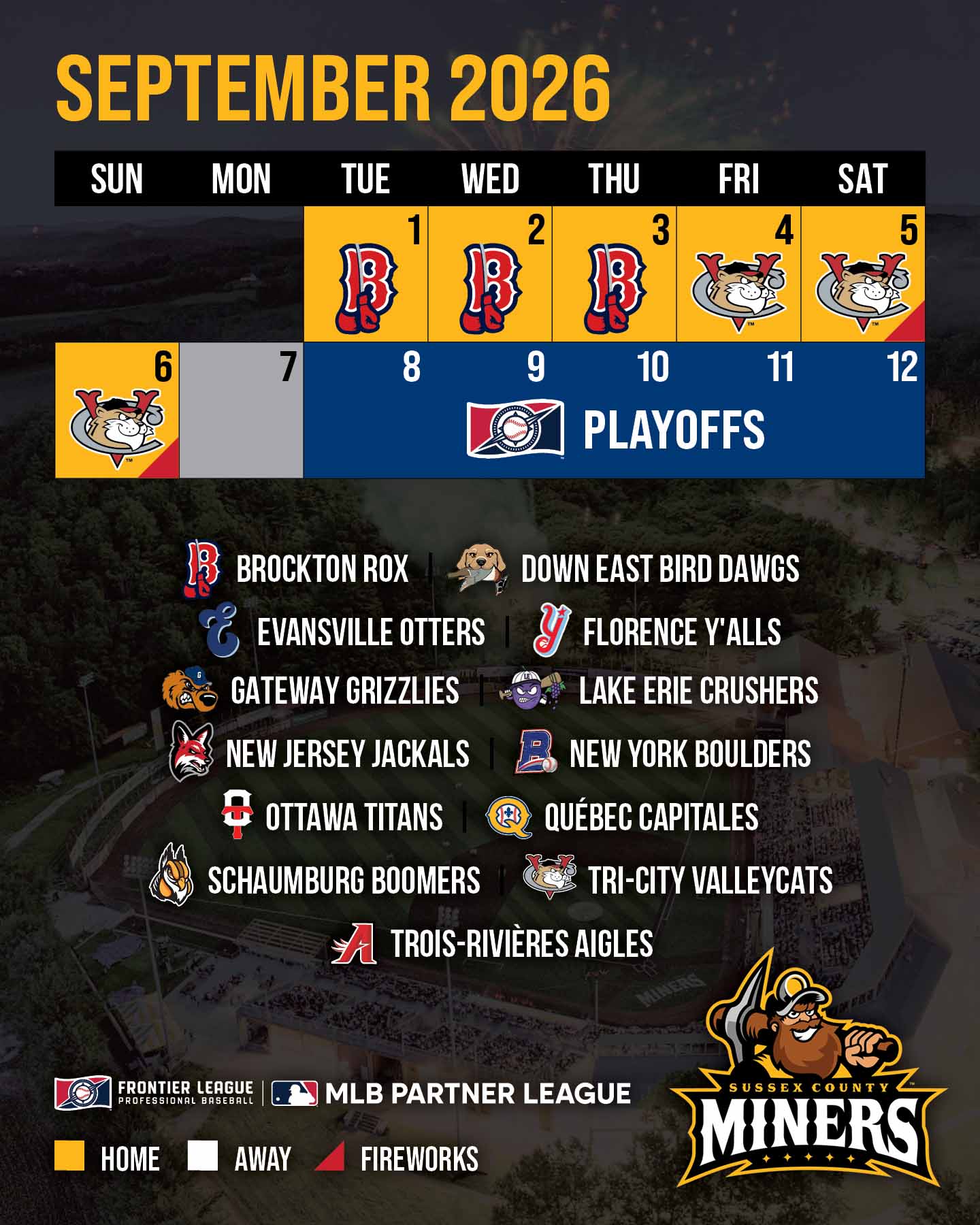 Sussex County Miners September 2026 schedule