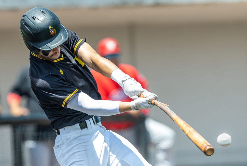 Sussex County Miners infielder Dean Ferrara hitting (photo by Phil Hoops).