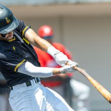 Sussex County Miners infielder Dean Ferrara hitting (photo by Phil Hoops).