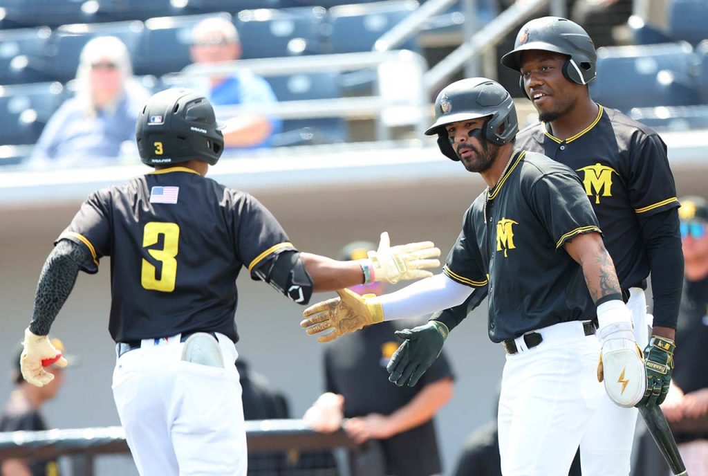 Sussex County Miners center fielder Edwin Mateo is congratulated by teammates after his second inning two-run home run on June 17, 2026 (photo by Phil Hoops).