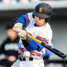 Sussex County Miners outfielder Gabriel Maciel hitting in the Sons of Liberty Alter Ego jersey (photo by Phil Hoops).