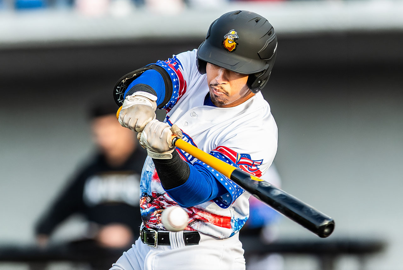 Sussex County Miners outfielder Gabriel Maciel hitting in the Sons of Liberty Alter Ego jersey (photo by Phil Hoops).