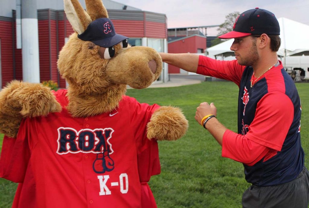 Brockton Rox mascot K-O spars with staff (photo courtesy of Brockton Rox)