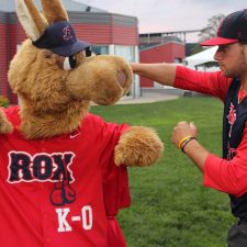Brockton Rox mascot K-O spars with staff (photo courtesy of Brockton Rox)
