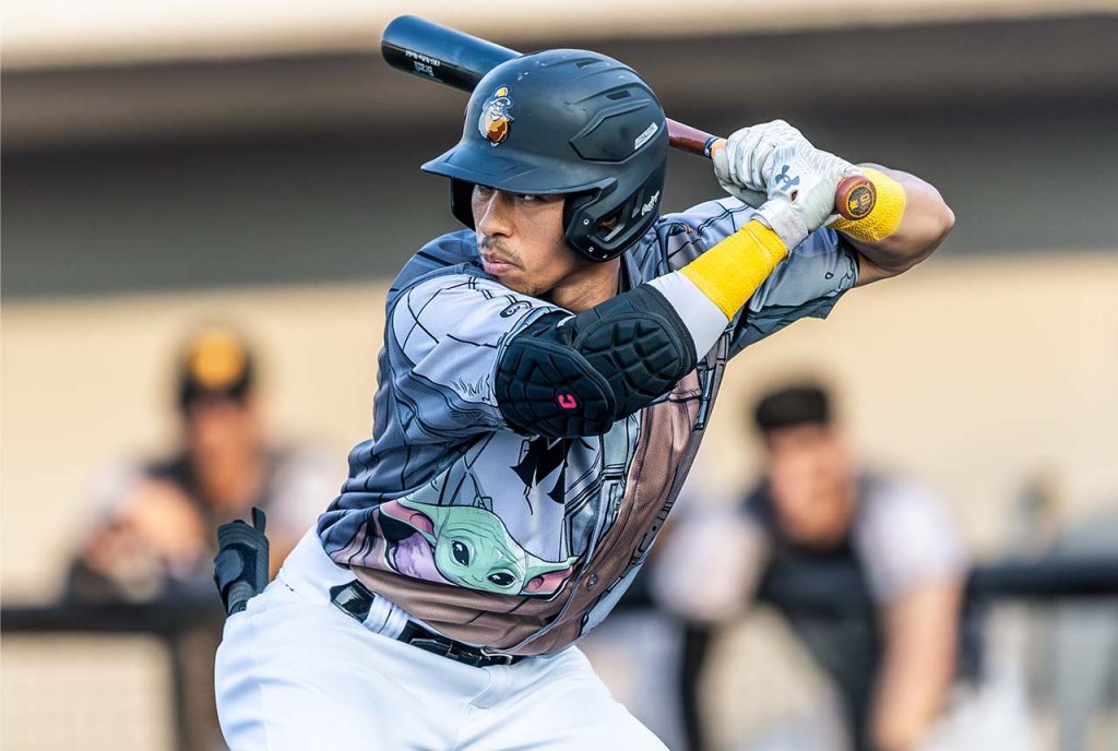 Sussex County Miners outfielder Gabriel Maciel in his Star Wars Night jersey (photo by Phil Hoops).