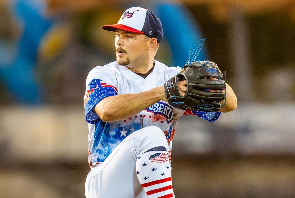 Sussex County Miners pitcher Jackson Balzan in the Sons of Liberty alter ego jersey (photo by Phil Hoops).