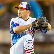 Sussex County Miners pitcher Jackson Balzan in the Sons of Liberty alter ego jersey (photo by Phil Hoops).