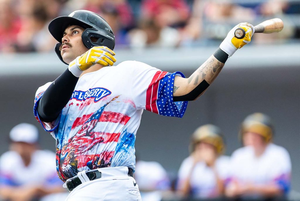Sussex County Miners infielder Sean Roby Jr. in his Sons of Liberty alter ego jersey (photo by Phil Hoops).