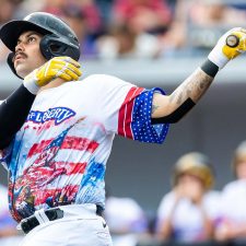 Sussex County Miners infielder Sean Roby Jr. in his Sons of Liberty alter ego jersey (photo by Phil Hoops).