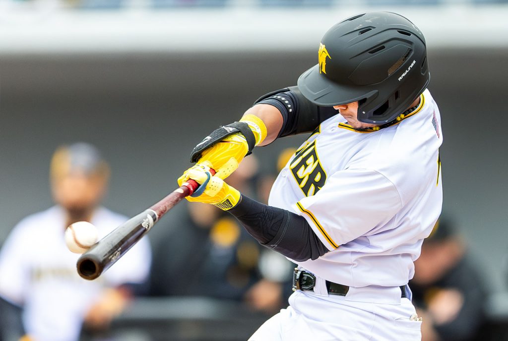 Sussex County Miners outfielder Edwin Mateo hitting (photo by Phil Hoops)