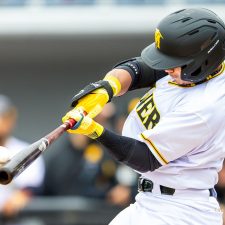Sussex County Miners outfielder Edwin Mateo hitting (photo by Phil Hoops)