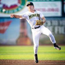 Sussex County Miners shortstop Evan Berkey fielding (photo by Phil Hoops).