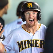 Sussex County Miners outfielder Keenan Taylor celebrates his home run with teammates (photo by Phil Hoops)