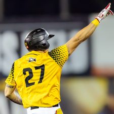Sussex County Miners catcher Sandro Gaston celebrates his fourth-inning grand slam against the Québec Capitales at Skylands Stadium on August 21, 2026 (photo by Phil Hoops).