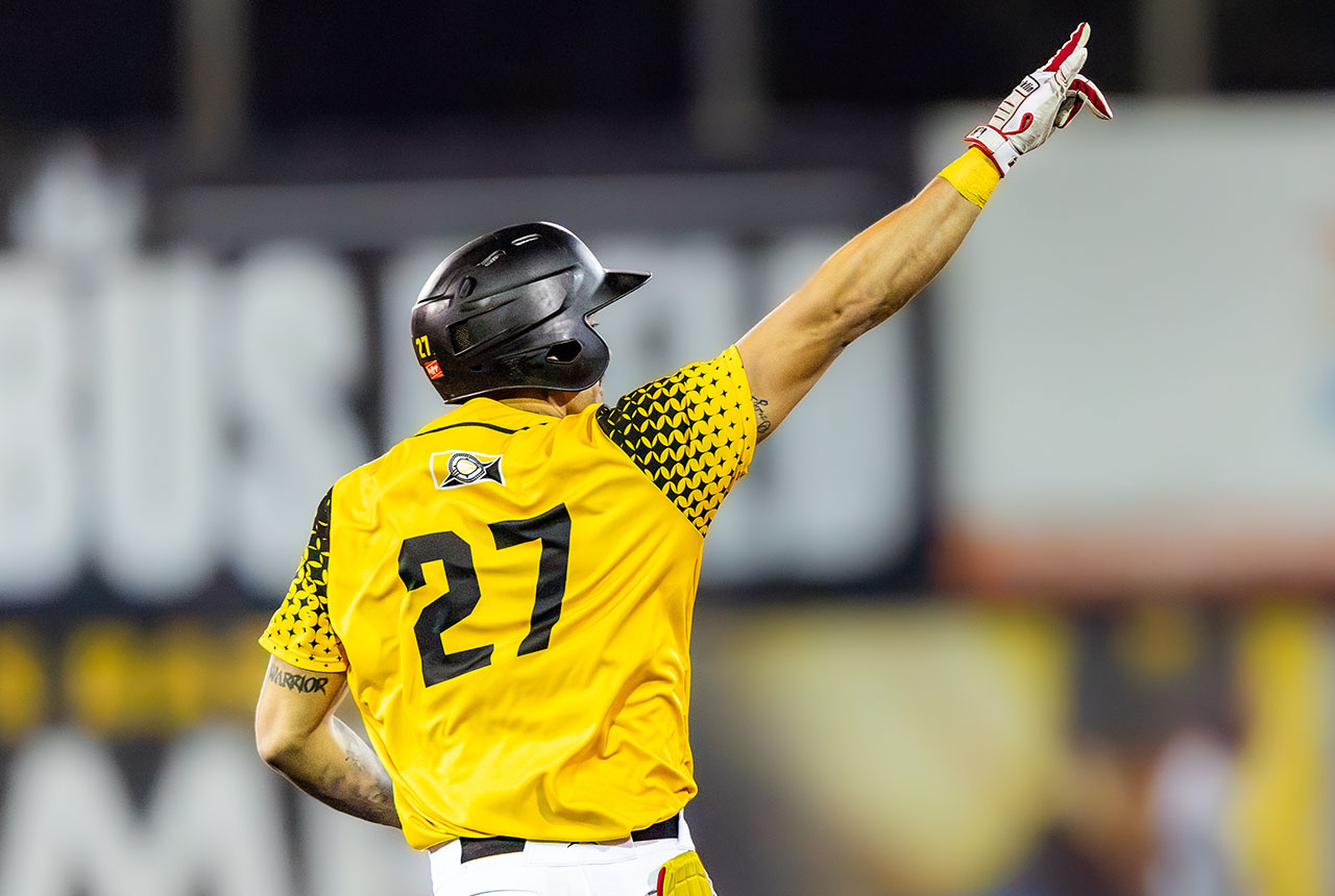 Sussex County Miners catcher Sandro Gaston celebrates his fourth-inning grand slam against the Québec Capitales at Skylands Stadium on August 21, 2026 (photo by Phil Hoops).