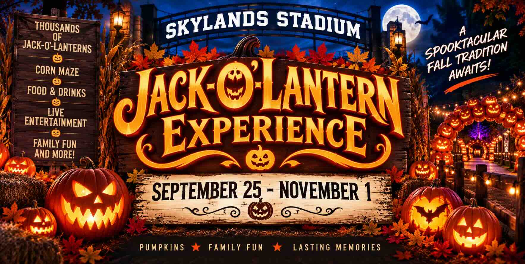 Jack-O'-Lantern Experience at Skylands Stadium, September 25-November 1, 2026