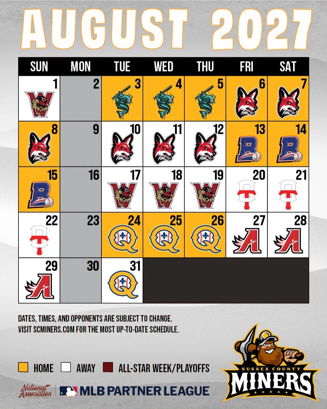 Sussex County Miners August 2027 Schedule